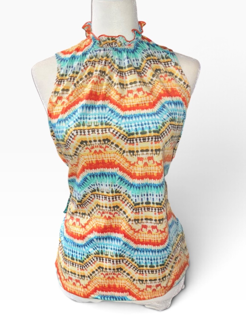 Sleeveless Ruffle Neck Multi-Color Wave Print Top